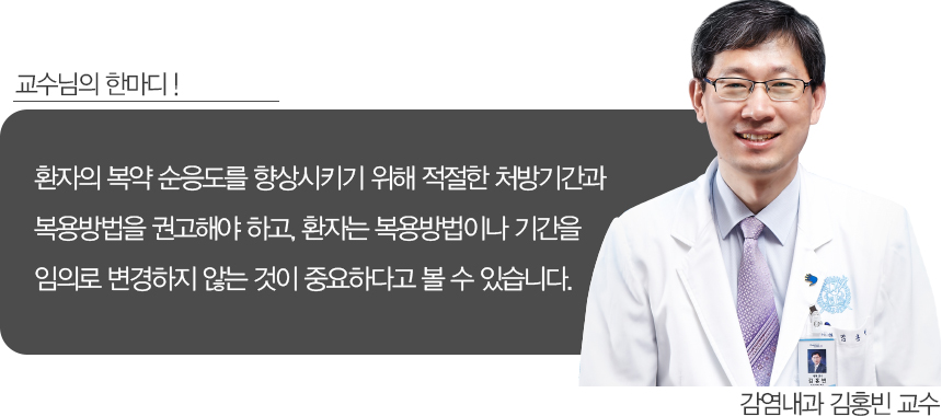 환자의 복약 순응도를 향상시키기 위해 적절한 처방기간과 복용방법을 권고해야 하고, 환자는 복용방법이나 기간을 임의로 변경하지 않는 것이 중요하다고 볼 수 있습니다. 감염내과 김홍빈 교수