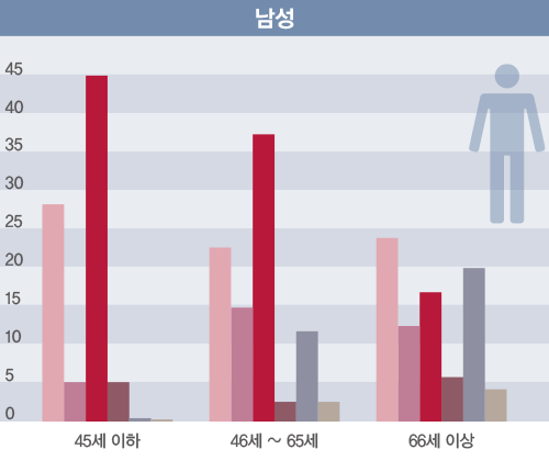 성별·연령별 뇌졸중 발병의 주요 원인-남성. 45세 이상 1위 흡연 2위 고혈압 3위 당뇨병 4위 과다콜레스테롤 5위 뇌졸중 이력, 6위 관상심장병. 46세~65세 1위 흡연 2위 고혈압 3위 당뇨병 4위 뇌졸중 이력 4위 뇌졸중 이력 5위 과다콜레스테롤 6위 관상심장병 