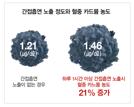 간접흡연 노출 정도와 혈중 카드뮴 농도 그래프. 간접흡연 노출이 없는 경우 1.21. 하루 1시간 이상 간접흡연 노출시 혈중 카드뮴 농도 21% 증가