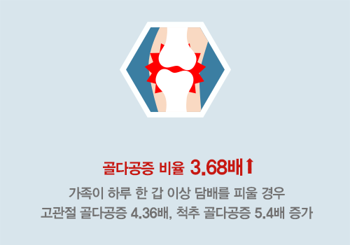 흡연이 골다공증에 미치는 영향. 골다공증 비율 3.68배 증가. 가족이 하루 한 갑 이상 담배를 피울 경우 고관절 골다공증 4.36배, 척추 골다공증 5.4배 증가