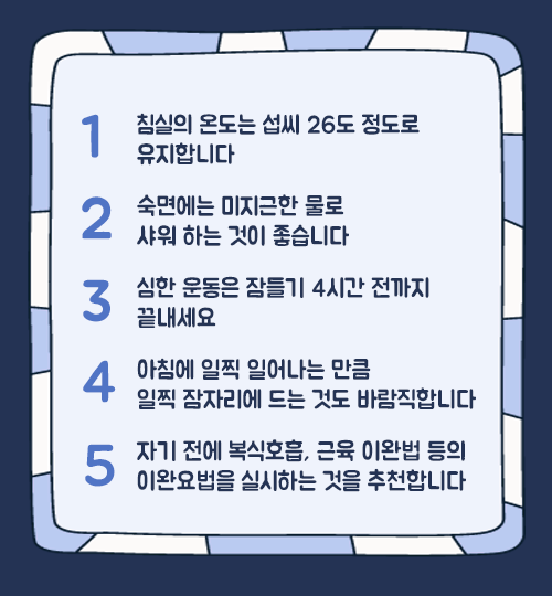 열대야 속에서 건강한 수면을 위한 팁 요약내용. 1.침실의 온도는 섭씨 26도로 유지합니다. 2.숙면에는 미지근한 물로 샤워 하는 것이 좋습니다. 3. 심한 운동은 잠들기 4시간 전까지 끝내세요. 4. 아침에 일찍 일어나는 만큼 일찍 잠자리에 드는 것도 바람직합니다. 5. 자기 전에 복식호흡, 근육 이완볍 등의 이완요법을 실시하는 것을 추천합니다.