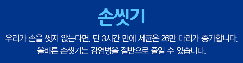 손씻기. 우리가 손을 씻지 않는다면, 단 3시간 만에 세균은 26만 마리가 증가합니다. 올바른 손씻기는 감염병을 절반으로 줄일 수 있습니다. 