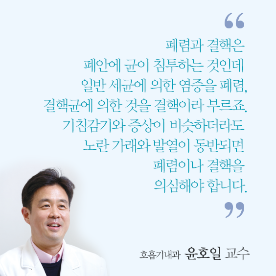 폐렴과 결핵은 폐안에 균이 침투하는 것인데 일반 세균에 의한 염증을 폐렴, 결핵군에 의한 것을 결핵이라고 부르죠. 기침감기와 증상이 비슷하더라도 노란 가래와 발열이 동반되면 폐렴이나 결핵을 의심해야 합니다.