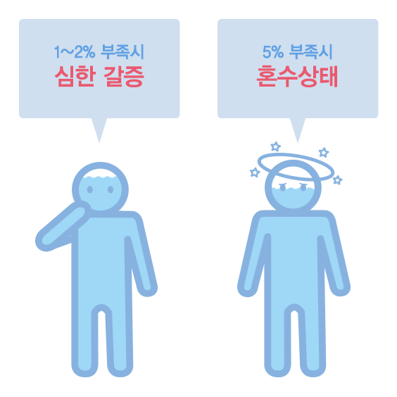 체내 수분이 부족할시 생기는 현상 이미지 1~2%부족시 심한갈증 5%부족시 혼수상태