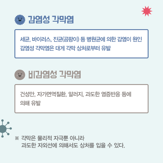 감염성 각막염과 비감염성 각막염 비교 감영성 각망염 세균 바이러스 진균 곰팡이 등 병원균에 의한 감염이 원인 감염성 각막염은 대게 각막 상처로부터 유발 비 감염성 각막염 건성안 자가면역 질환 알러지 과도한 염증반응 등에 의해 유발 각막은 물리적 자극뿐 아니라 과도한 자외선에 의해서도 상처를 입을 수 있다 