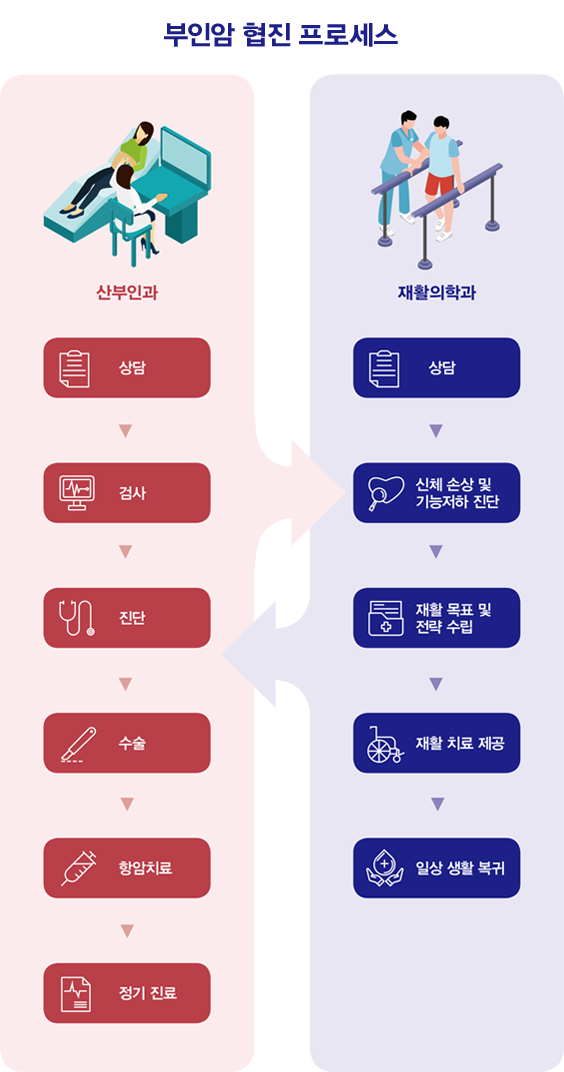 부인암 협진 프로세스 산부인과 상담 검사 진단 수술 항암치료 정기치료   , 재활의학과 상담 신체손상 및 기능저하 진단 재활목표 및 전략 수립 재활치료제공 일상 생활 복귀