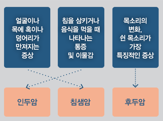 두경부암의 증상: 침샘암 - 얼굴이나 목에 혹이나 덩어리가 만져지는 증상, 인두암- 침을 삼키거나 음식을 먹을 때 나타나는 통증 및 이물감, 후두암 - 목소리의 변화, 쉰 목소리가 가장 특징적인 증상