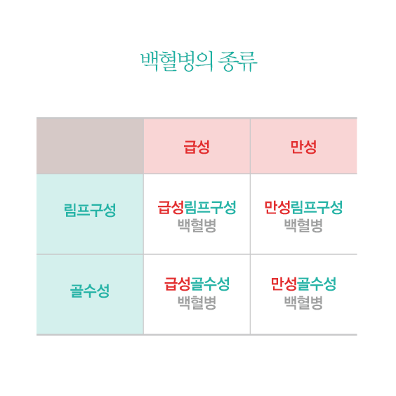 백혈병의 종류 급성 만성 림프구성 급성림프구성 백혈병 만성림프구성 백혈병 골수성 급성골수성 백혈병 만성 골수성 백혈병