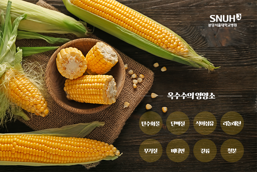 옥수수의 영양소 : 탄수화물, 단백질, 식이섬유, 리놀레산, 무기질, 비타민, 칼륨, 철분.