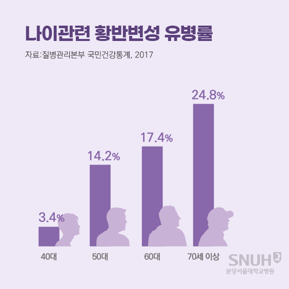 나이관련 황반변성 유병률(자료: 질병관리본부 국민건강통계, 2017). 40세 - 3.4%, 50대 - 14.2%, 60대 - 17.4%, 70세이상 - 24.8%