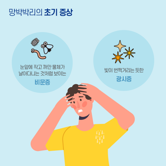 망박박리의 초기증상: 눈앞에 작고 까만 물체가 날아다니는 것처럼 보이는 비문증, 빛이 번쩍거리는 듯한 광시증