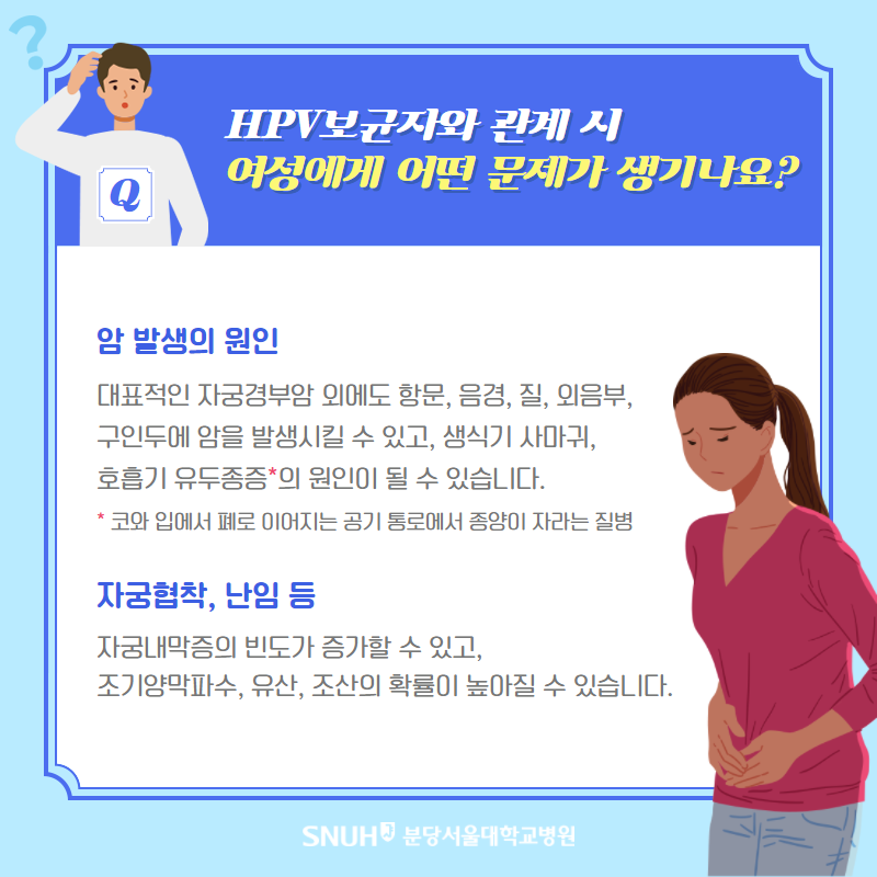 HPV보균자와 관계 시 여성에게 어떤 문제가 생기나요? 암발생의 원인 : 대표적인 자궁경부암 외에도 항문, 음경, 질, 외음부, 구인두에 암을 발생시킬 수 있고, 생식기 사마귀, 호흡기 유두종증의 원인이 될수 있습니다. 코와 입에서 폐로 이어지는 공기 통로에서 종양이 자라는 질병. 자궁협착, 난임 등 : 자궁내막증의 빈도가 증가할 수 있고, 조기양막파수, 유산, 조산의 확률이 높아질 수 있습니다. 