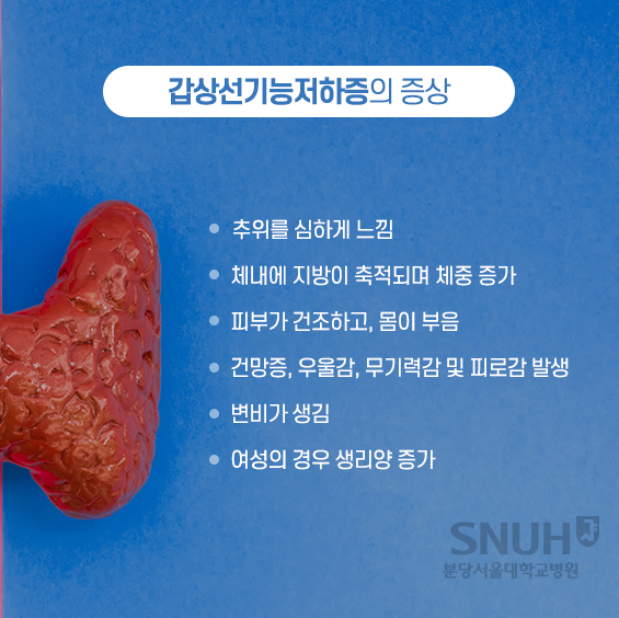 갑상선기능저하증의 증상 - 추위를 심하게 느낌, 체내에 지방이 축적되며 체중 증가, 피부가 건조하고, 몸이 부음. 건망증, 우울감, 무기력감 및 피로감 발생, 변비가 생김, 여성의 경우 생리양 증가