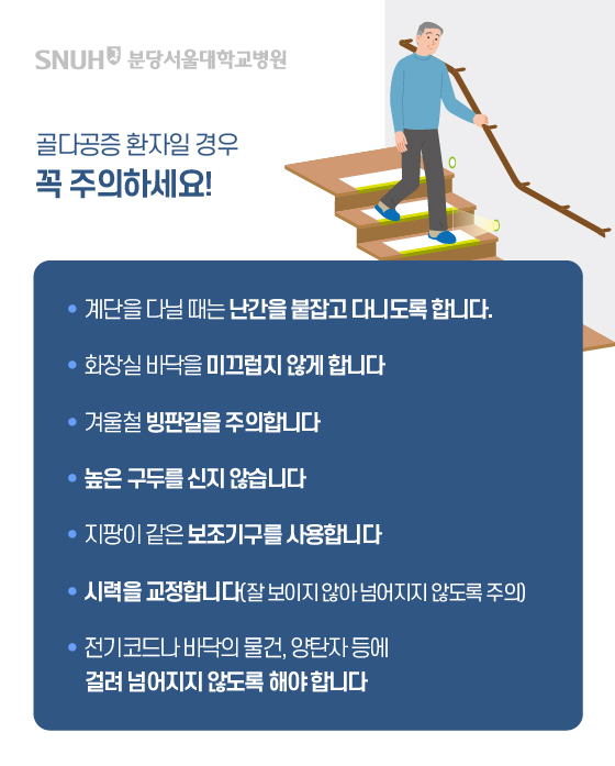 골다공증 환자일 경우 꼭 주의하세요! 1.계단을 다닐 때는 난간을 붙잡고 다니도록 합니다. 2. 화장실 바닥을 미끄럽지 않게 합니다. 3.겨울철 빙판길을 주의합니다. 4.높은 구두를 신지 않습니다. 5. 지팡이 같은 보조기구를 사용합니다. 6. 시력을 교정합니다(잘 보이지 않아 넘어지지 않도록 주의) 7.전기코드나 바닥의 물건, 양탄자 등에 걸려 넘어지지 않도록 해야 합니다.