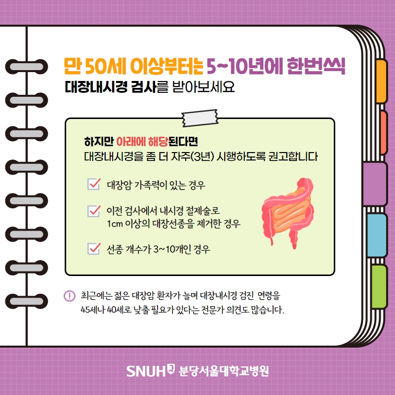 만 50세 이상부터는 5~10년에 한번씩 대장내시경 검사를 받아보세요. 하지만 아래에 해당된다면 대장내시경을 좀 더 자주(3년) 시행하도록 권고합니다. 대장암 가족력이 있는 경우, 이전 검사에서 내시경 절제술로 1Cm 이상의 대장선종을 제거한 경우. 선종 개수가 3~10개인 경우. 최근에는 젊은 대장암 환자가 늘며 대장내시경 검진 연령을 45세나 40세로 낮출 필요가 있다는 전문가 의견도 많습니다.