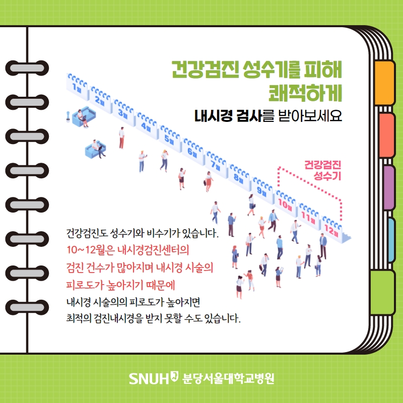 내시경 성수기. 건강검진 성수기를 피해 쾌적하게. 내시경 검사를 받아보세요. 건강검진도 성수기와 비수기가 있습니다. 10~12월은 내시경검진센터의 검진 건수가 많아지며 내시경 시술의 피로도가 높아지기 때문에 내시경 시술의의 피로도가 높아지면 최적의 검진내시경을 받지 못할 수도 있습니다.