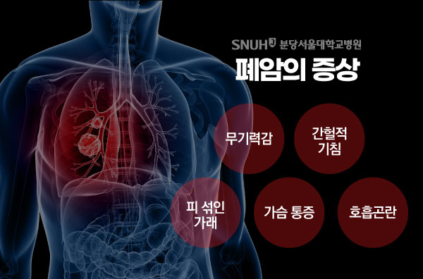 폐암의 증상 : 무기력감, 견헐적기침, 피 섞인 가래, 가슴 통증, 호흡곤란