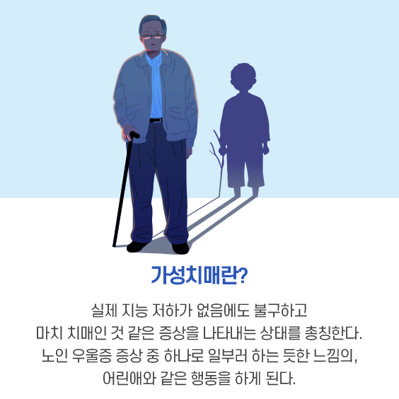 가성치매란? 실제 지능 저하가 없음에도 불구하고 마치 치매인 것 같은 증상을 나타내는 상태를 총칭한다.노인 우울증 증상 중 하나로 일부러 하는 듯한 느낌의, 어린애와 같은 행동을 하게 된다.