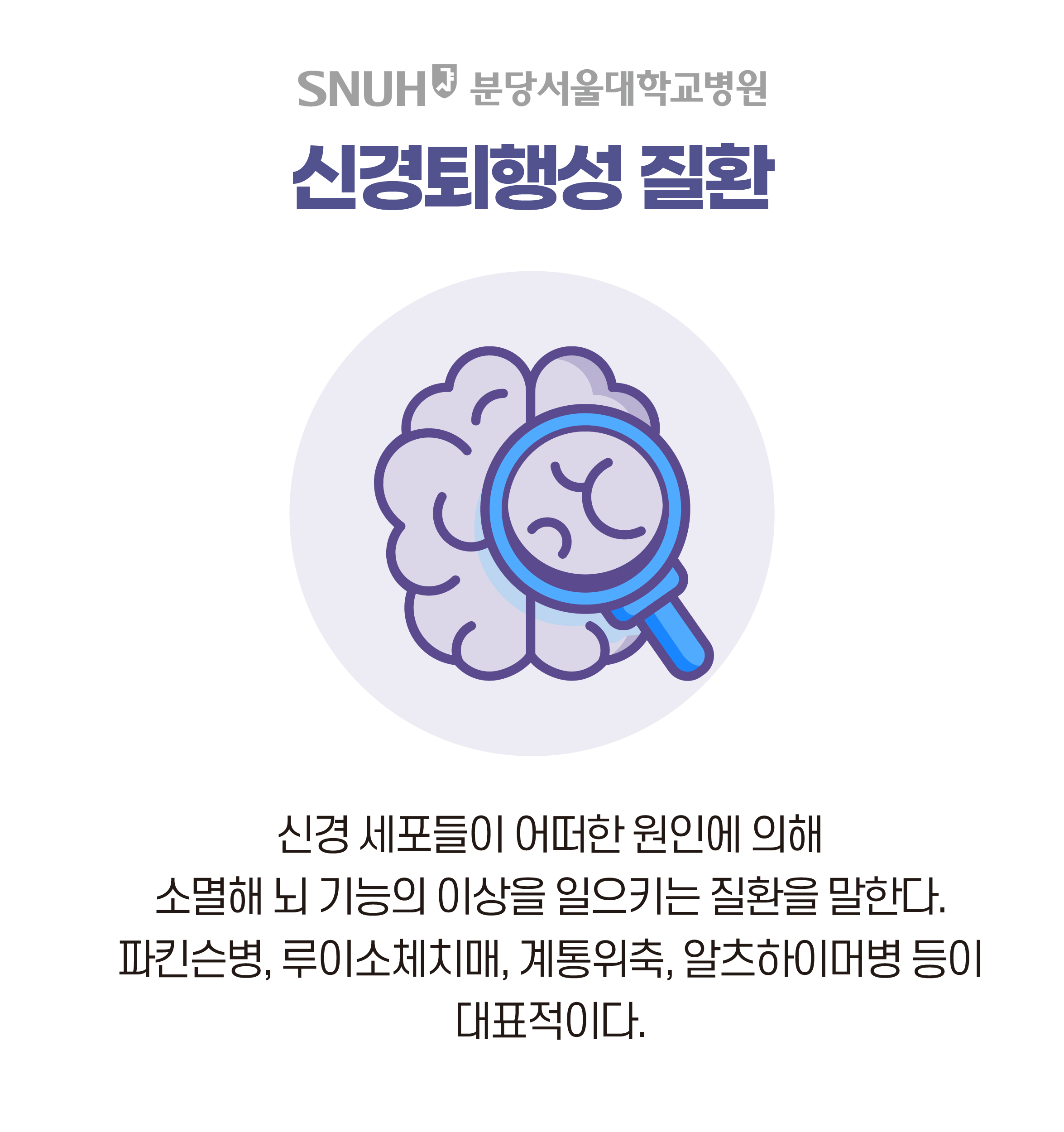신경퇴행성 질환 - 신경 세포들이 어떠한 원인에 의해 소멸해 뇌 기능의 이상을 일으키는 질환을 말한다. 파킨슨병, 루이소체치매, 계통위축, 알츠하이머병 등이 대표적이다.